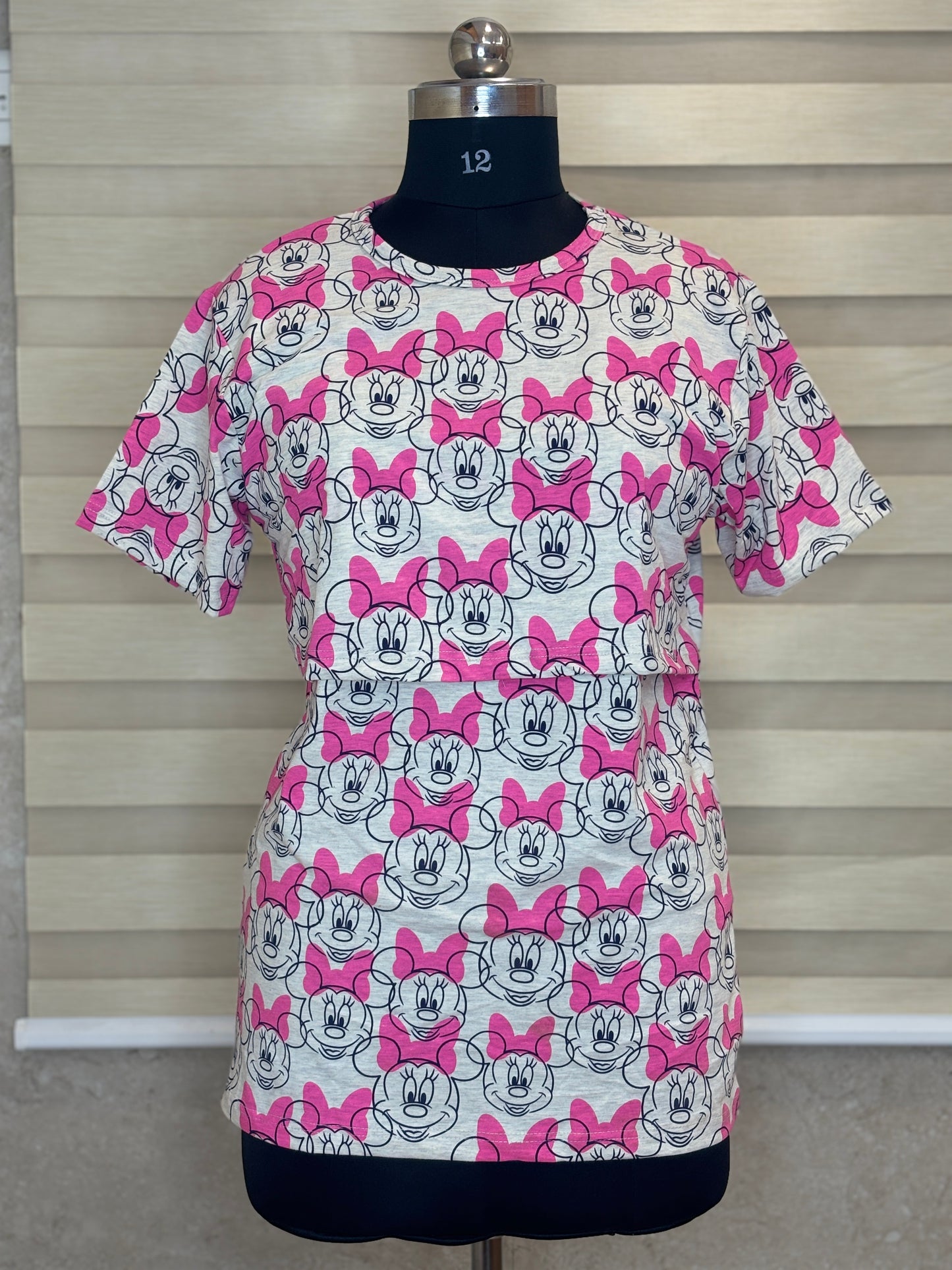 Heather Grey Pink Minnie Cartoon Print Feeding Maternity T-Shirt