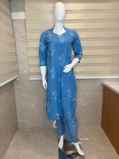 Sky Blue Floral Buti Printed Cotton Co-ord Set