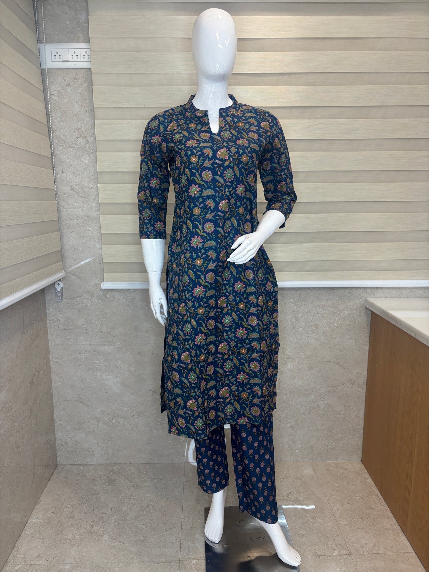 Teal Blue Floral Vine Printed Cotton Co-ord Set