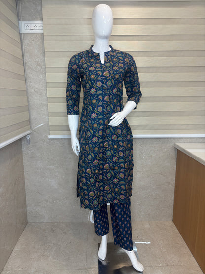 Teal Blue Floral Vine Printed Cotton Co-ord Set