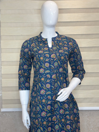 Teal Blue Floral Vine Printed Cotton Co-ord Set