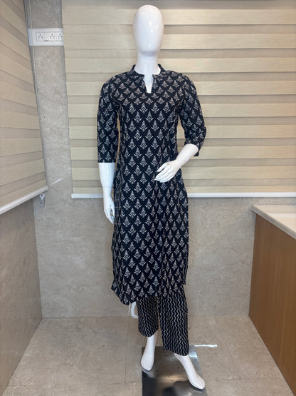 Charcoal Black Leaf Buti Printed Cotton Co-ord Set