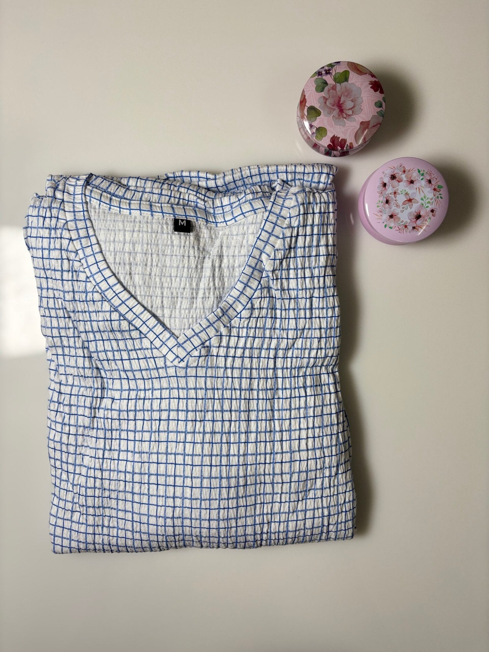 White and Blue Lattice Printed V-Neck Lounge Frock