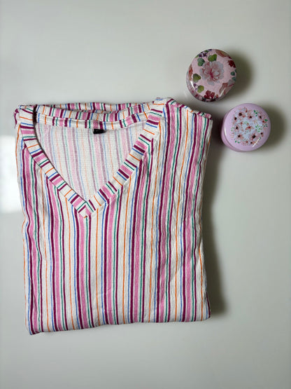 White Horizontal Stripes Printed V-Neck Lounge Frock