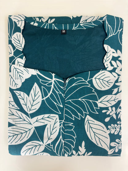 Teal White Tropical Leaf Printed Centre Zip Maxi