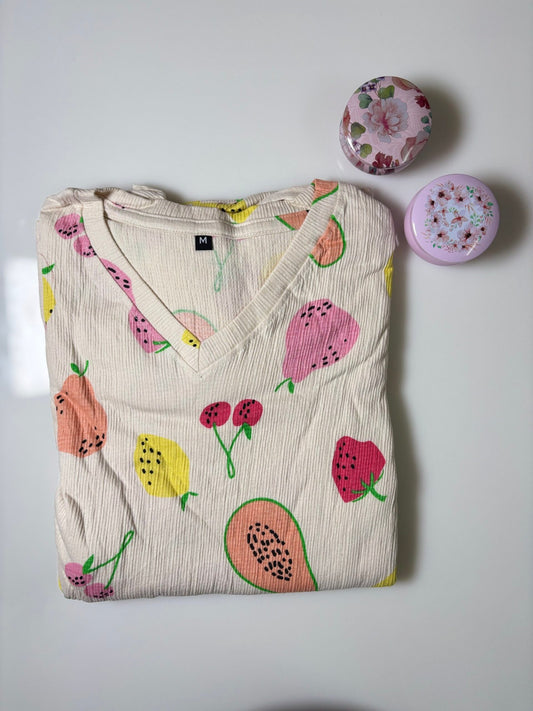 Cream Vegetables Printed V-Neck Lounge Frock