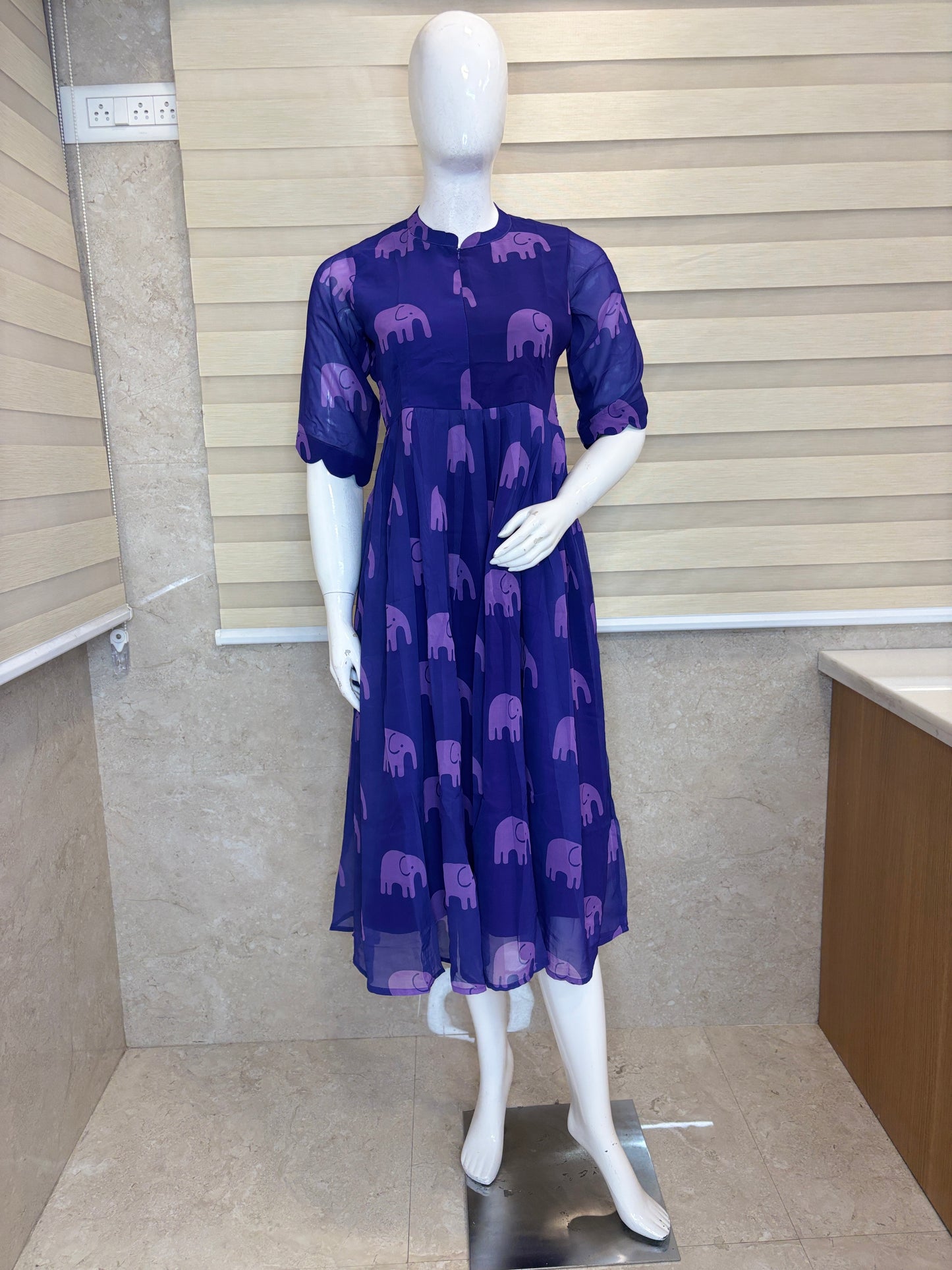 Purple Elephant Print Georgette Center Zip Maxi
