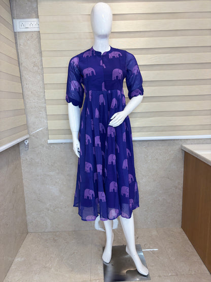 Purple Elephant Print Georgette Center Zip Maxi