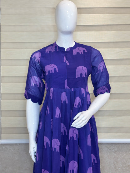 Purple Elephant Print Georgette Center Zip Maxi