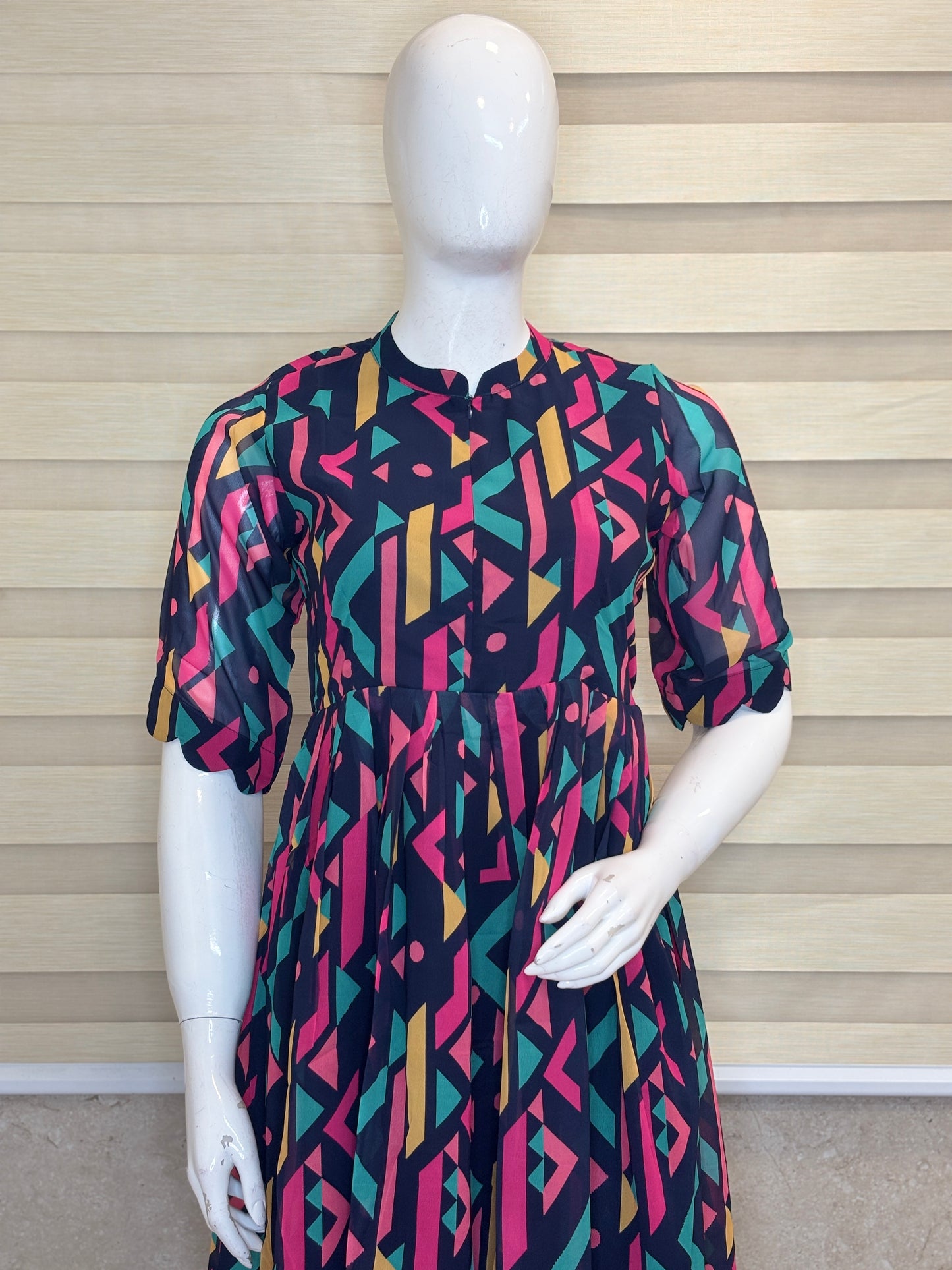 Black Abstract Geometric Print Georgette Center Zip Maxi