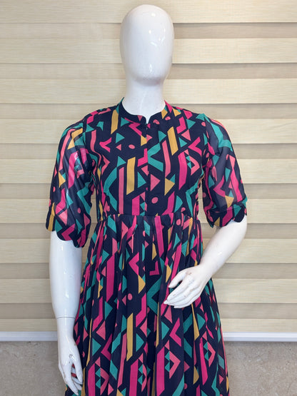 Black Abstract Geometric Print Georgette Center Zip Maxi