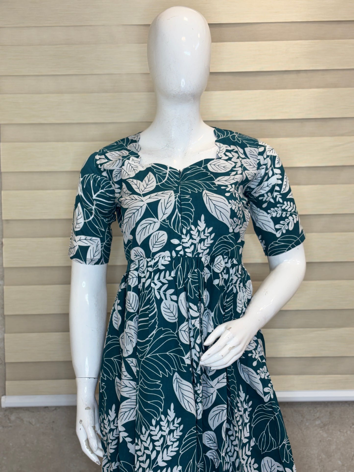 Teal White Tropical Leaf Printed Centre Zip Maxi