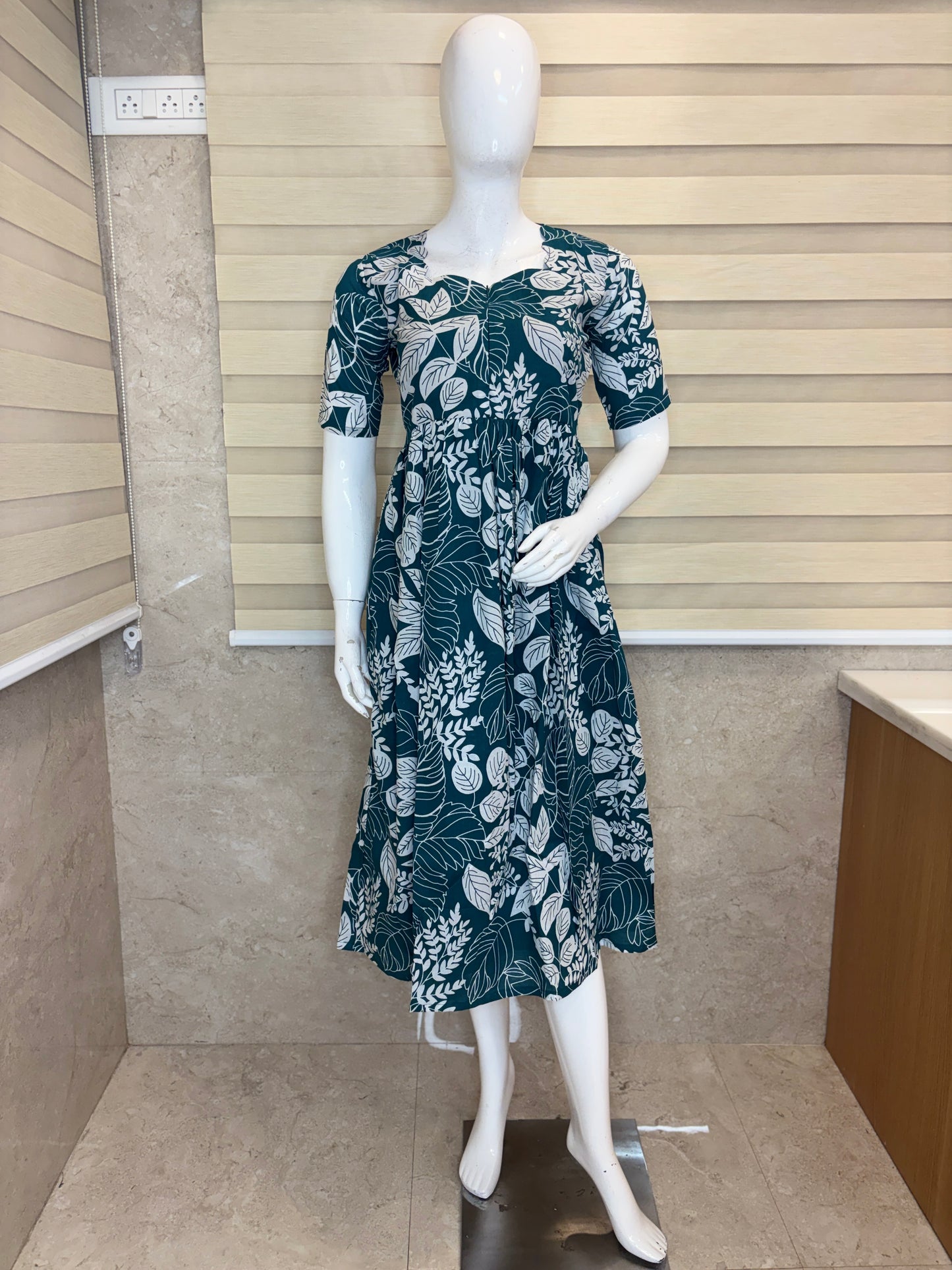 Teal White Tropical Leaf Printed Centre Zip Maxi