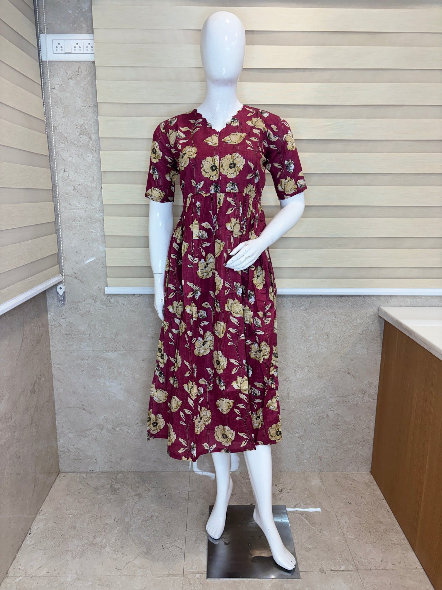 Dusty Rose Beige Floral Printed Centre Zip Maxi