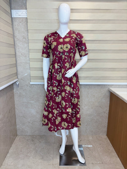 Dusty Rose Beige Floral Printed Centre Zip Maxi