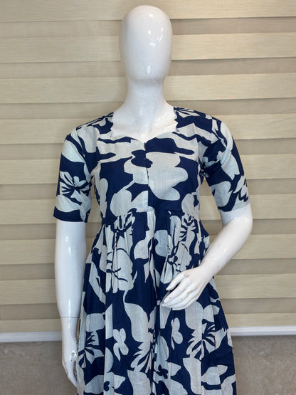 Blue Abstract Floral Printed Centre Zip Maxi