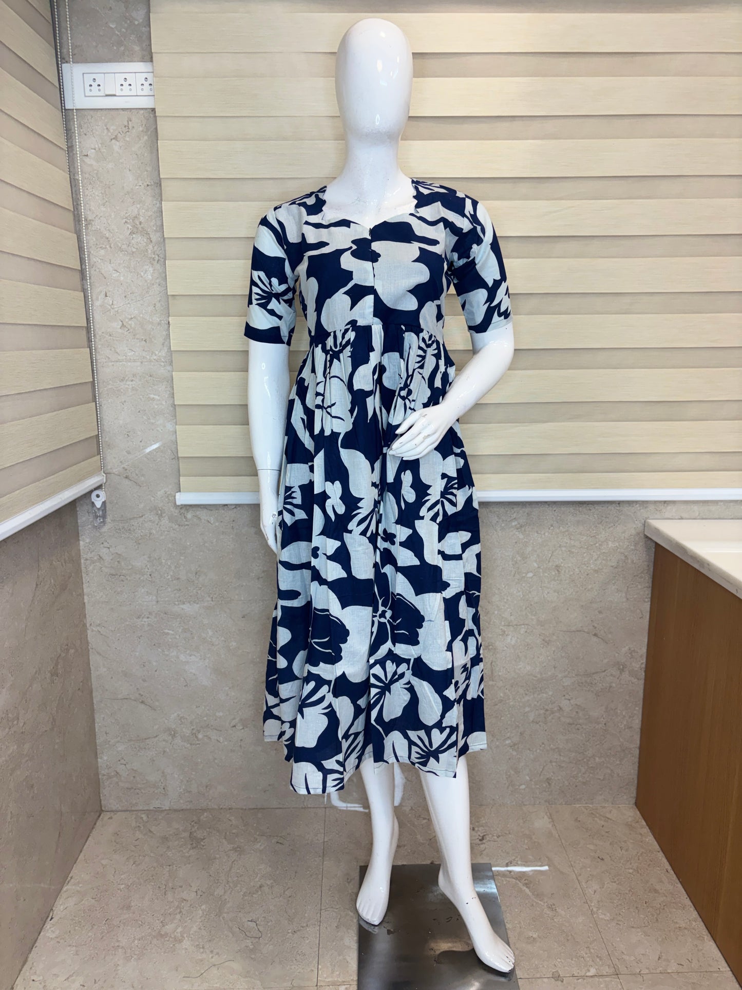 Blue Abstract Floral Printed Centre Zip Maxi