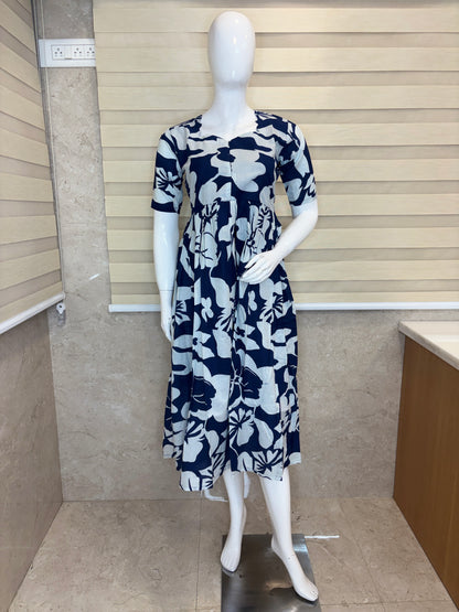 Blue Abstract Floral Printed Centre Zip Maxi