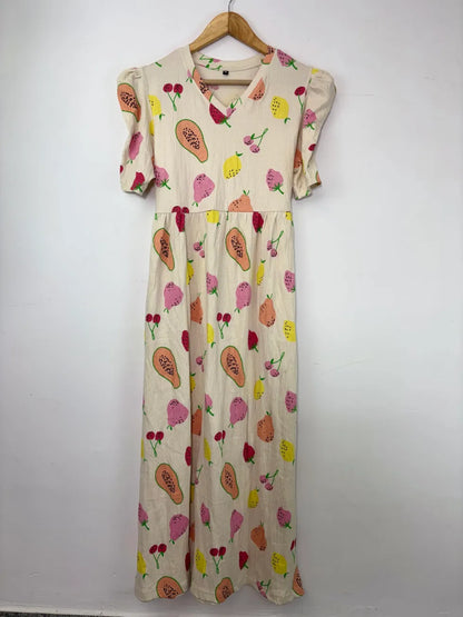 Cream Vegetables Printed V-Neck Lounge Frock