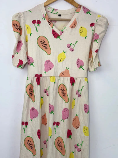 Cream Vegetables Printed V-Neck Lounge Frock