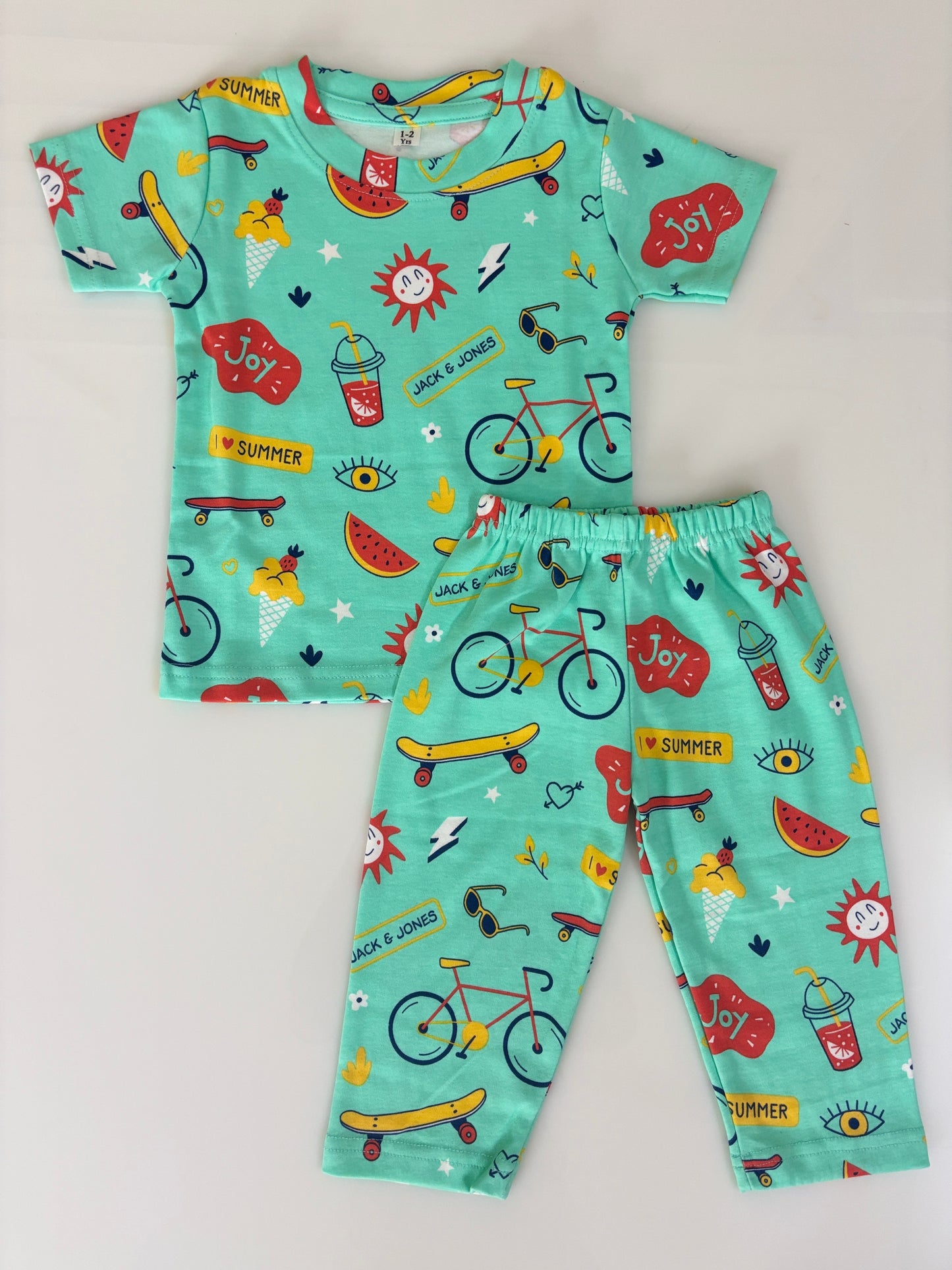 Mint Green Summer Fun Printed Kids T-Shirt & Pant Co-Ord Set