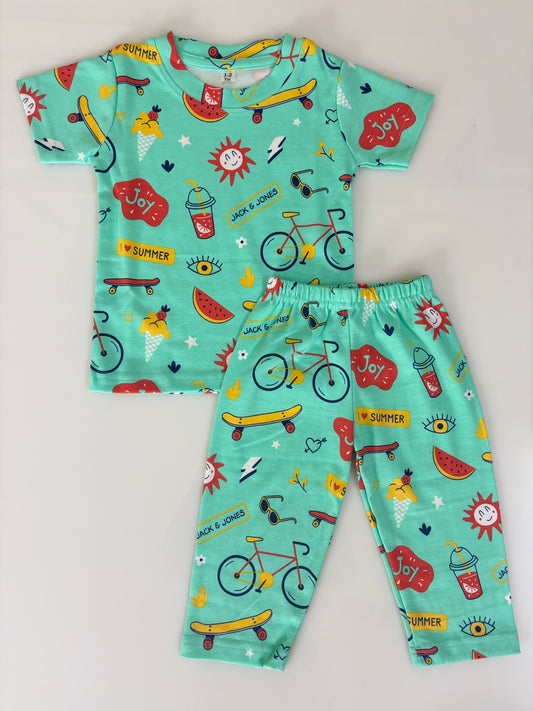 Mint Green Summer Fun Printed Kids T-Shirt & Pant Co-Ord Set