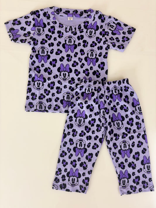 Lavender Purple Minnie Mouse Printed Kids T-Shirt & Pant Co-Ord Set