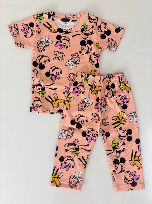 Peach Pink Mickey & Friends Kids Cotton Pant Co-Ord Set
