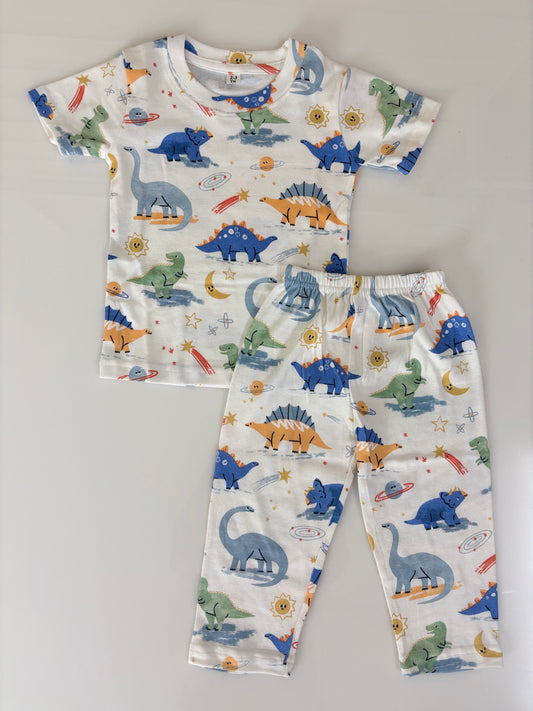 White Cute Dinosaur Printed Kids T-Shirt & Pant Co-Ord Set