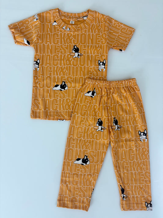 Mustard Yellow French Bulldog Print Kids Cotton Pant Co-Ord Set