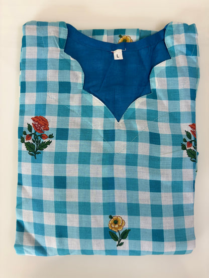 Mul Cotton Fabric Sky Blue Floral Check Print Non-Feeding Maternity Maxi