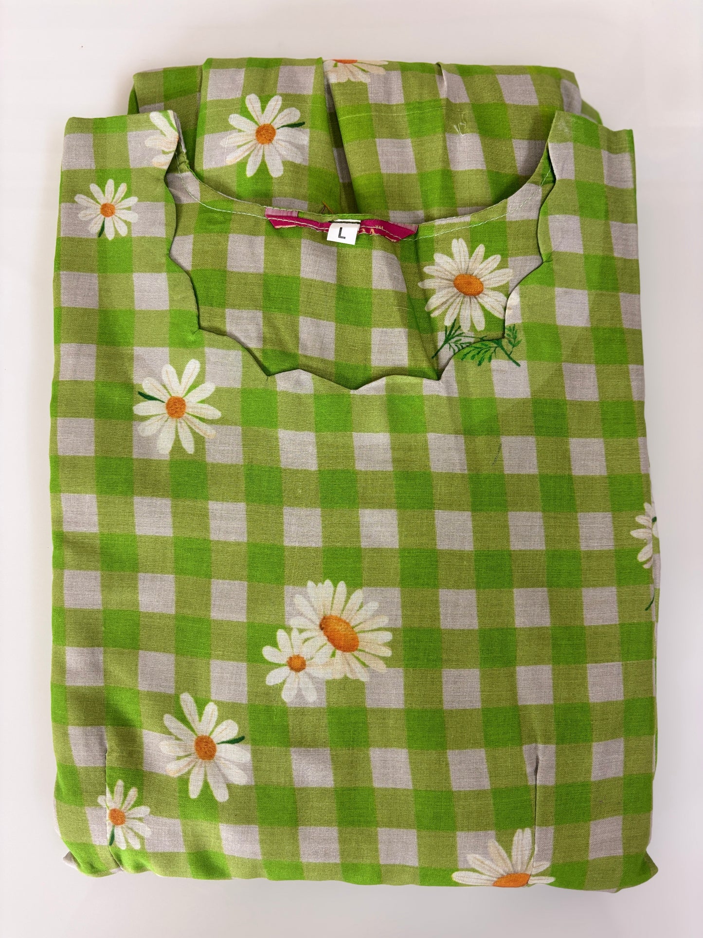 Mul Cotton Fabric Green Checkered Daisy Print Non Feeding Maxi