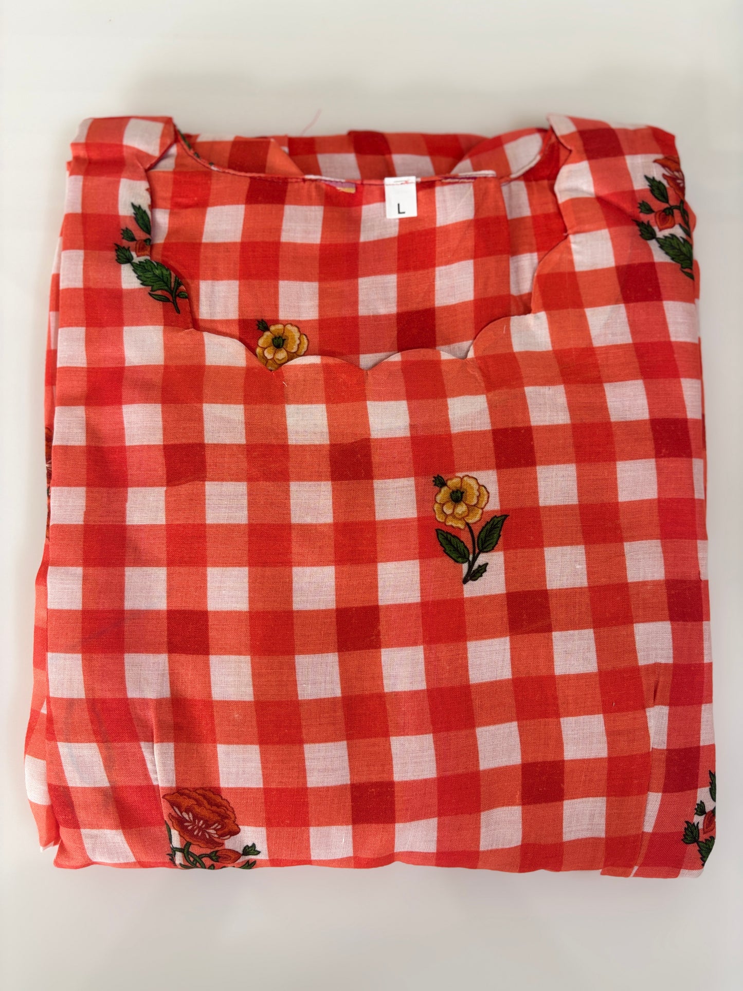 Mul Cotton Fabric Coral Orange Floral Gingham Check Print Non-Feeding Maternity Maxi