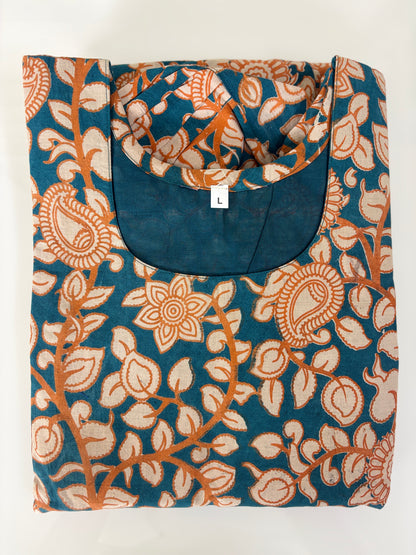 Mul Cotton Fabric Teal Blue Paisley Floral Vine Print Non-Feeding Maternity Maxi
