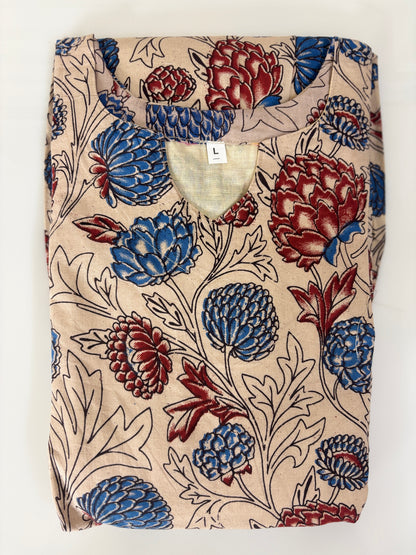 Mul Cotton Fabric Beige Blue Floral Print Non Feeding Maxi