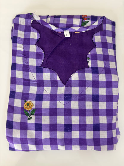 Mul Cotton Fabric Lavender Purple Floral Gingham Check Print Non-Feeding Maternity Maxi