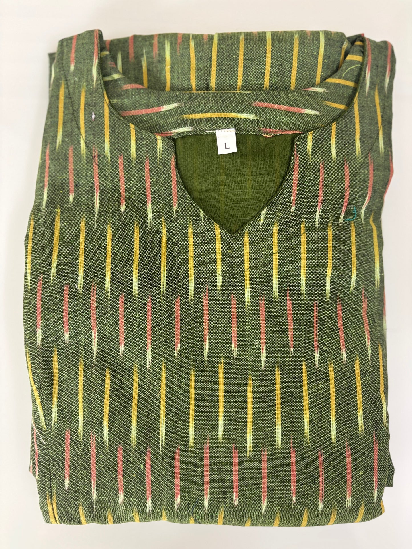 Mul Cotton Fabric Olive Green Ikat Dash Print Non-Feeding Maternity Maxi