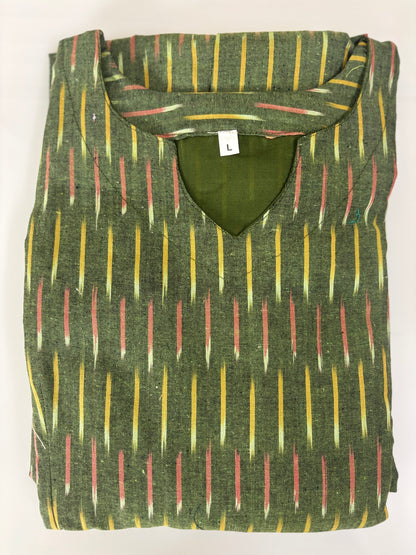 Mul Cotton Fabric Olive Green Ikat Dash Print Non-Feeding Maternity Maxi