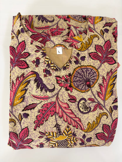Mul Cotton Fabric Beige Botanical Leaf Print Non Feeding Maxi