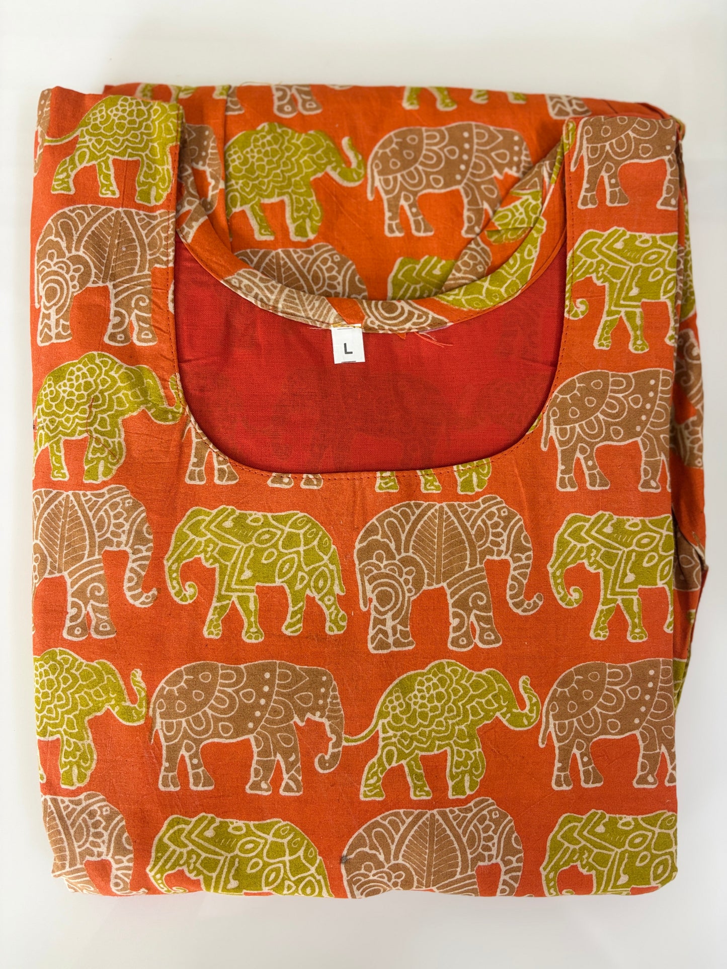 Mul Cotton Fabric Orange Elephant Print Non Feeding Maxi