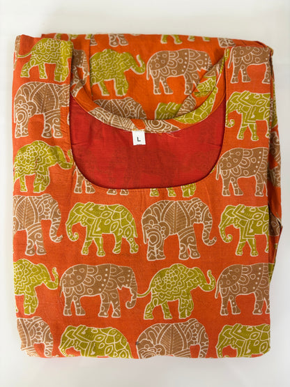 Mul Cotton Fabric Orange Elephant Print Non Feeding Maxi