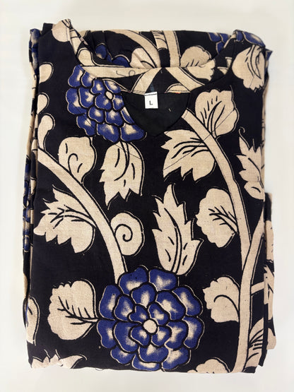 Mul Cotton Fabric Black & Royal Blue Floral Print Non-Feeding Maternity Maxi