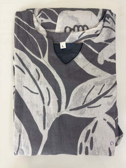 Mul Cotton Fabric Grey Tropical Leaf Print Non Feeding Maxi