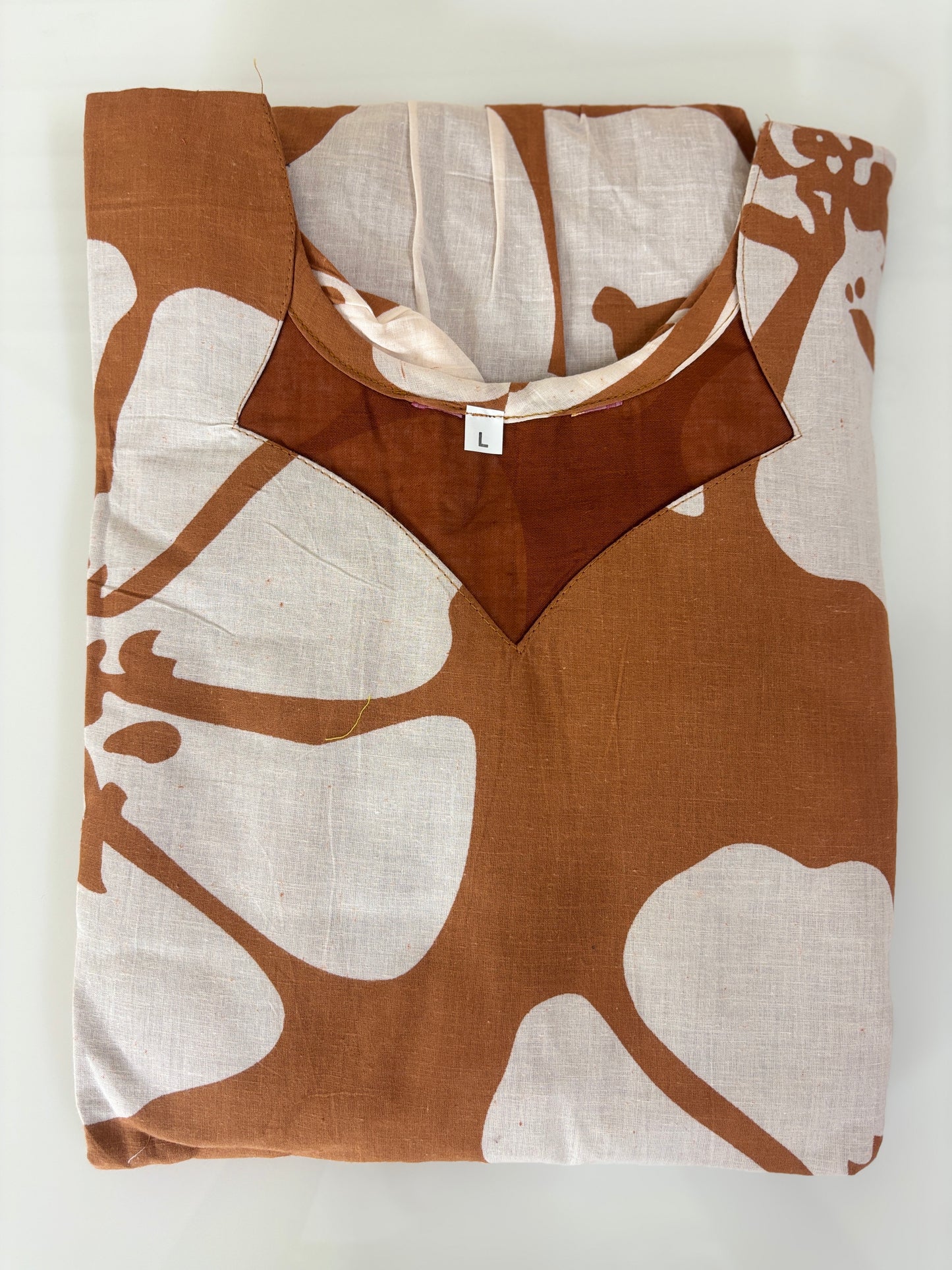 Mul Cotton Fabric Brown Abstract Leaf Print Non Feeding Maxi