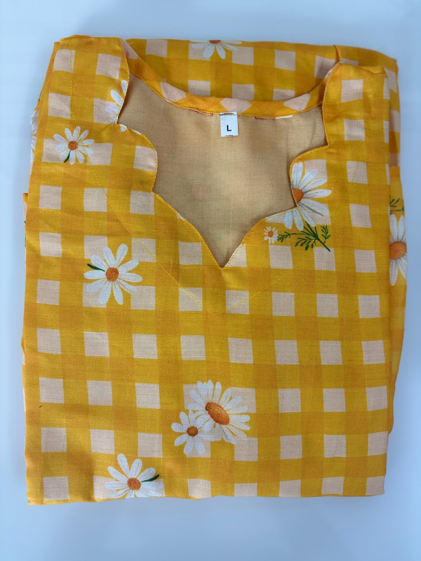 Mul Cotton Fabric Mustard Checkered Daisy Print Non Feeding Maxi
