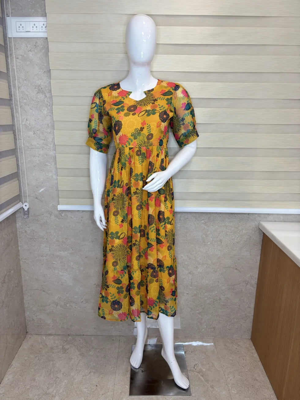 Mustard with Floral Printed Georgette Outdoor Non-Feeding Maxi