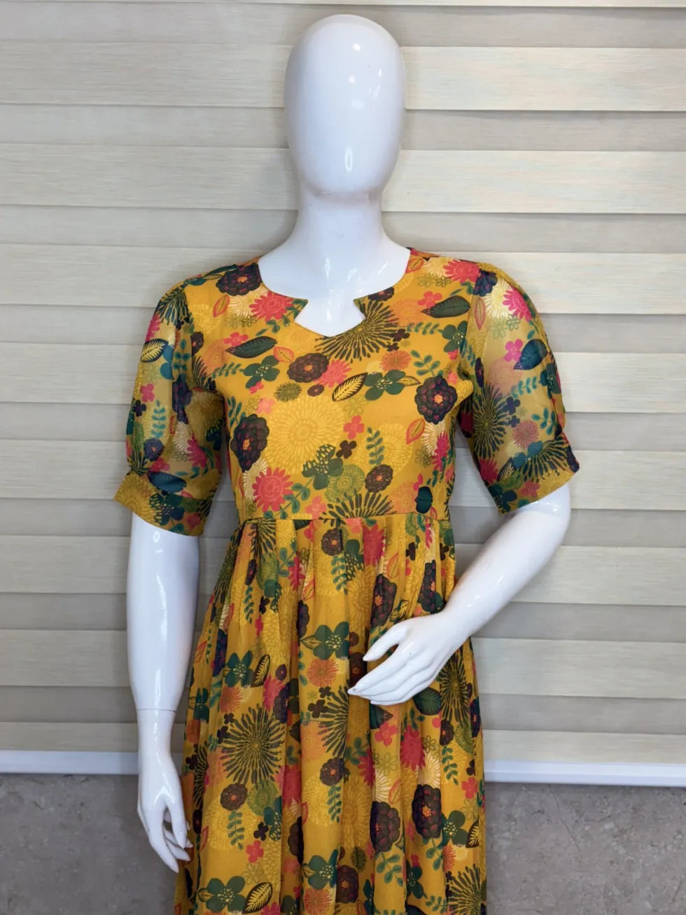 Mustard with Floral Printed Georgette Outdoor Non-Feeding Maxi