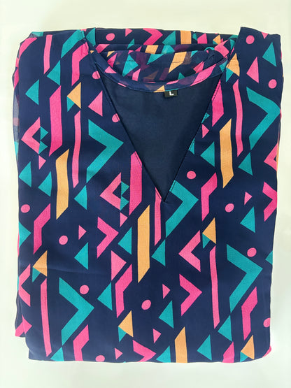 Navy Blue Abstract Geometric Print Non-Feeding Maxi