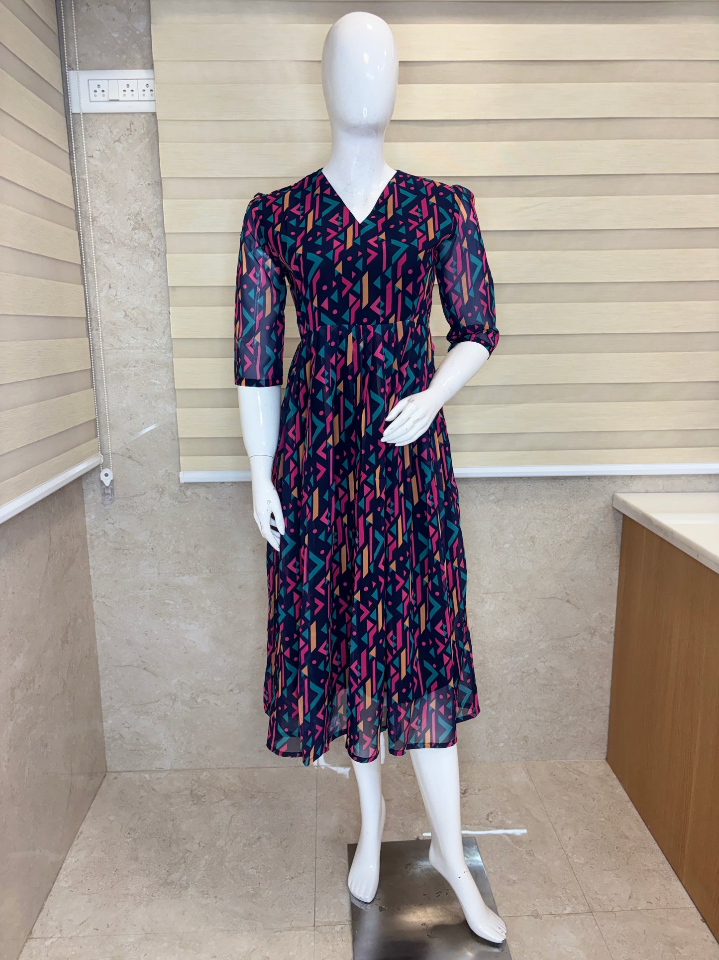 Navy Blue Abstract Geometric Print Non-Feeding Maxi