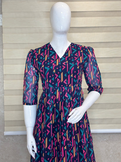 Navy Blue Abstract Geometric Print Non-Feeding Maxi